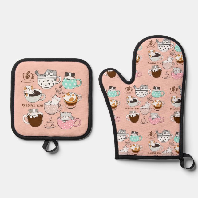  Coffee Cats Funny Oven Mitt & Pot Holder Set (Front)