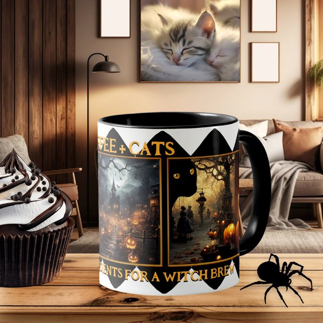 Coffee Cats Witch Brew Halloween Photo Mug (Mug with 3 of your photos (or scary Halloween scenes), framed by a classic black and white design)