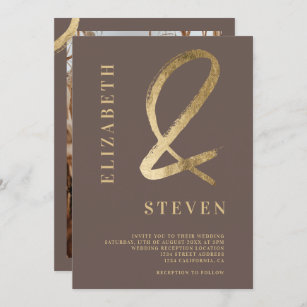 Coffee chic gold ampersand names photo wedding invitation