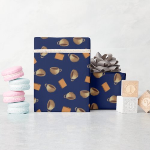 Coffee  Chocolate Biscuits Pattern Navy Blue Food Wrapping Paper
