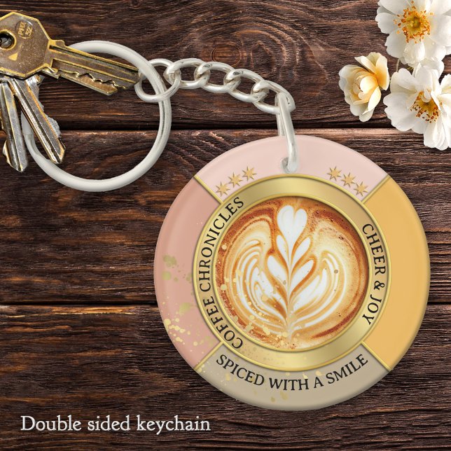 Coffee Chronicles Latte Art Quote Chic Keychain (Coffee chronicles personalized elegant cappuccino coffee lover keychain)