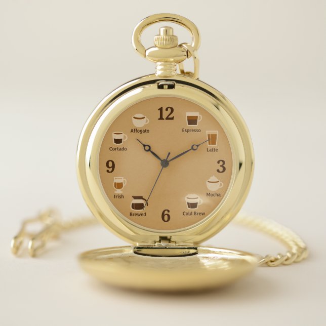Coffee Clock Face with Brew Icons Pocket Watch (Inside)