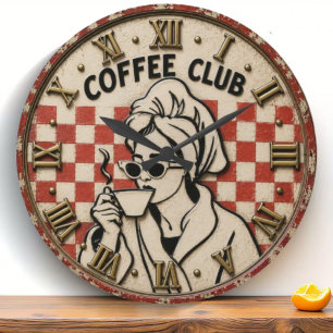 Coffee Club Vintage  Retro Coffee Lover Kitchen  Large Clock