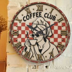 Coffee Club Vintage Retro Coffee Lover Kitchen Large Clock