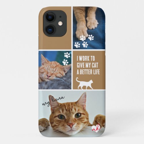 Coffee Colorblock Cat Photo Collage Monogram Pet iPhone 11 Case