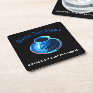 Coffee Consumption Squad | Blue Cup and Saucer Square Paper Coaster