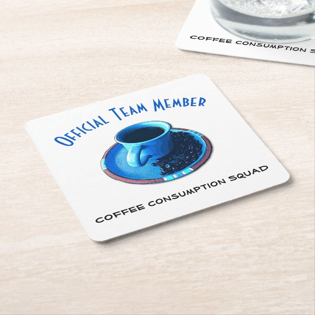 Coffee Consumption Squad Blue Cup Saucer Custom Square Paper Coaster (Angled)