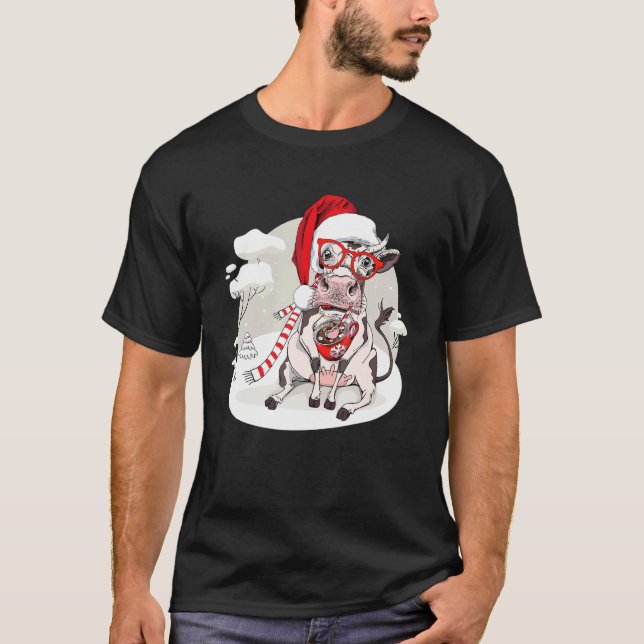 Coffee Cow Christmas Lights Cute Xmas Santa Hat An T-Shirt (Front)