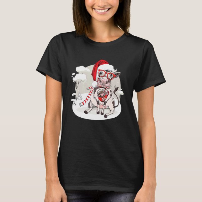 Coffee Cow Christmas Lights Cute Xmas Santa Hat An T-Shirt (Front)