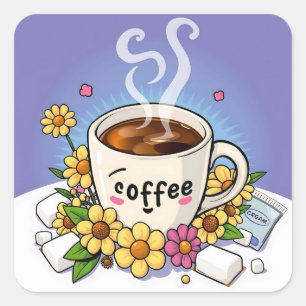 Coffee, Cream and Flower Whimsical Cartoon Square Sticker