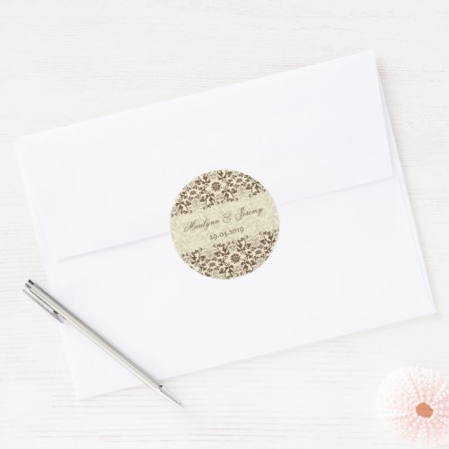 Coffee  Cream Vintage Damask Lace Wedding Favor Classic Round Sticker