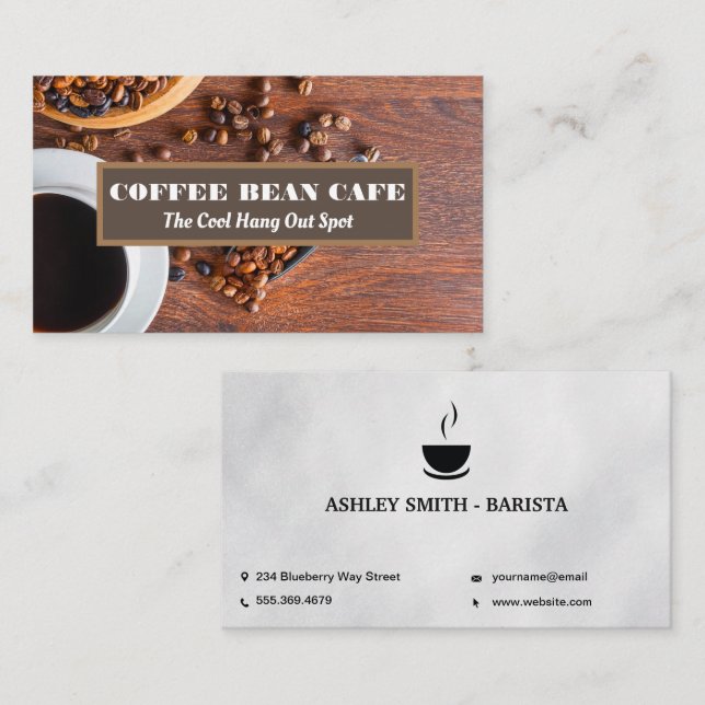 Coffee Cup and Bean on Wooden Table Business Card (Front/Back)