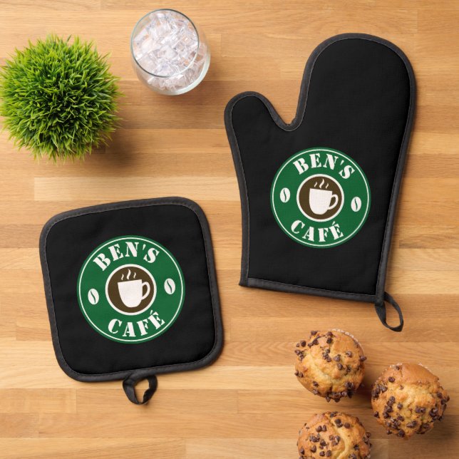 Coffee cup and beans logo custom oven mitt & pot holder set (Top Down)