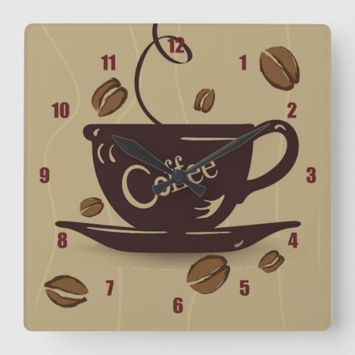 Coffee Cup and Beans Square Wall Clock