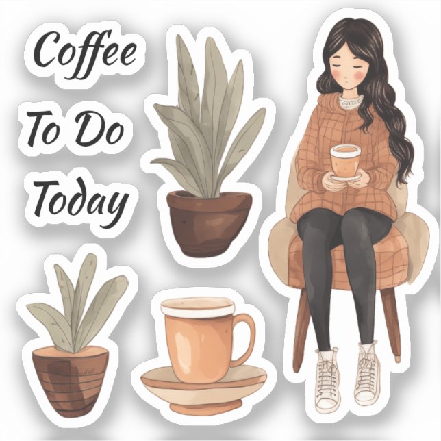 Coffee cup and plants girl sticker (Front)