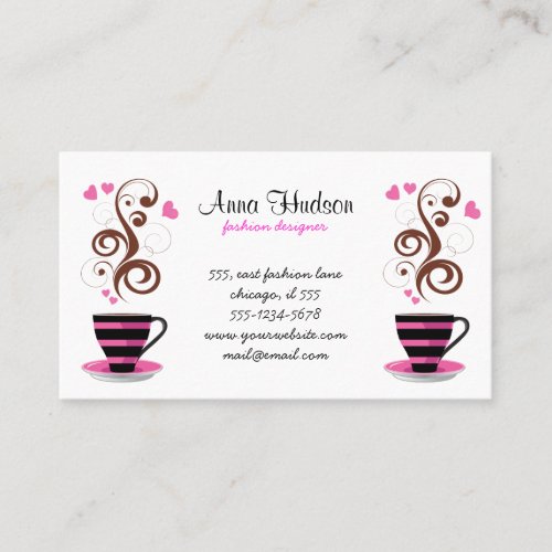 Coffee Cup Steam Swirls Hearts Pink Black Brown Business Card Template