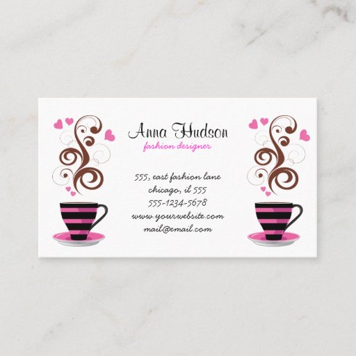 Customizable Coffee Cup Steam Swirls Hearts Pink Black Brown Business Card Template