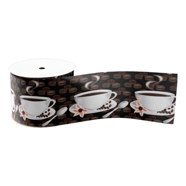 Coffee Cup Coffee Beans Grosgrain Ribbon (Spool)