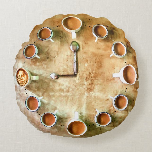 Coffee cup coffee time clock rustic brown round pillow (Front)