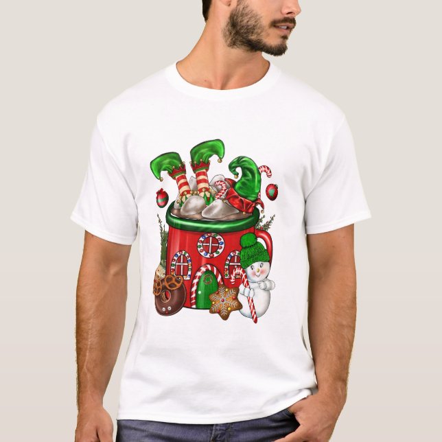 Coffee Cup Elf Snowman T-Shirt (Front)
