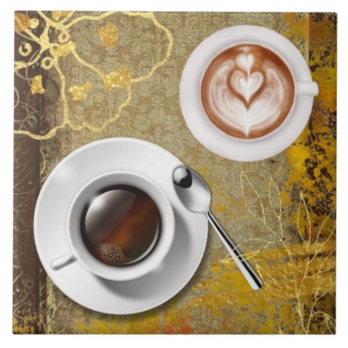 Coffee cup floral distressed brown gold ceramic tile