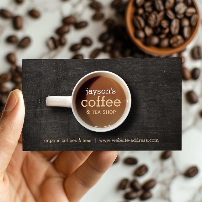 Coffee Cup on Black Wood Coffee Shop Business Card (Creator Uploaded)