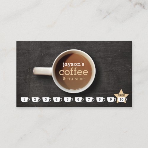 Coffee Cup on Black Wood Coffee Shop Loyalty Card