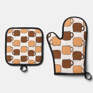 Coffee Cup Pattern Oven Mitt & Pot Holder Set