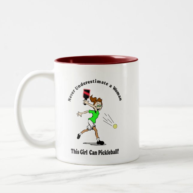 Coffee Cup: Pickleball Never underestimate a woman Two-Tone Coffee Mug (Left)