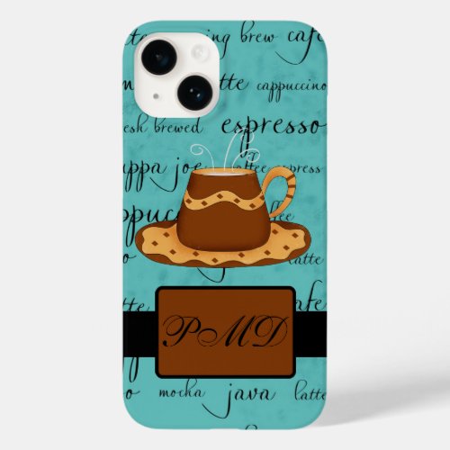 Coffee Cup Script Monogram Name Turquoise Case_Mate iPhone 14 Case
