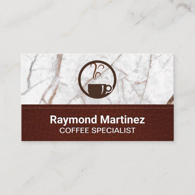 Coffee Cup Steaming | Marble and Stitched Leather Business Card (Front)