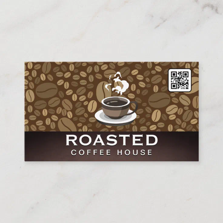 Coffee Cup Steaming QR Code Beans Business Card Zazzle