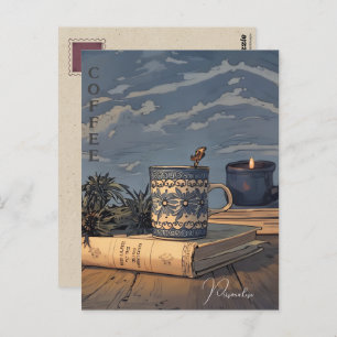 Coffee Cup Vintage Book Candle Blue Sky Clouds Postcard