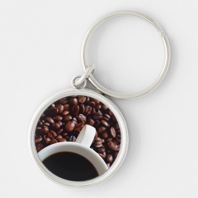 Coffee Cup with Coffee, Coffee Beans Background Keychain (Front)