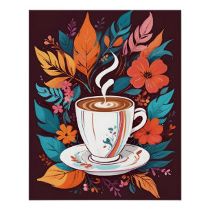 Coffee Cup with Colorful Leaves Poster