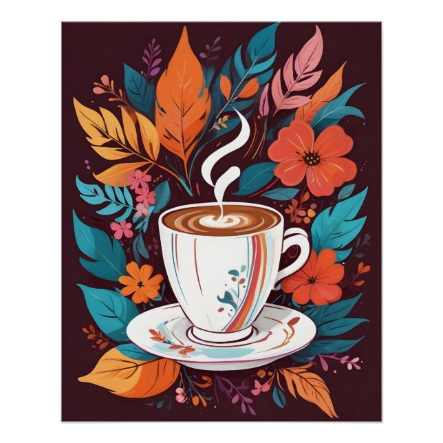 Coffee Cup with Colorful Leaves Poster (Front)
