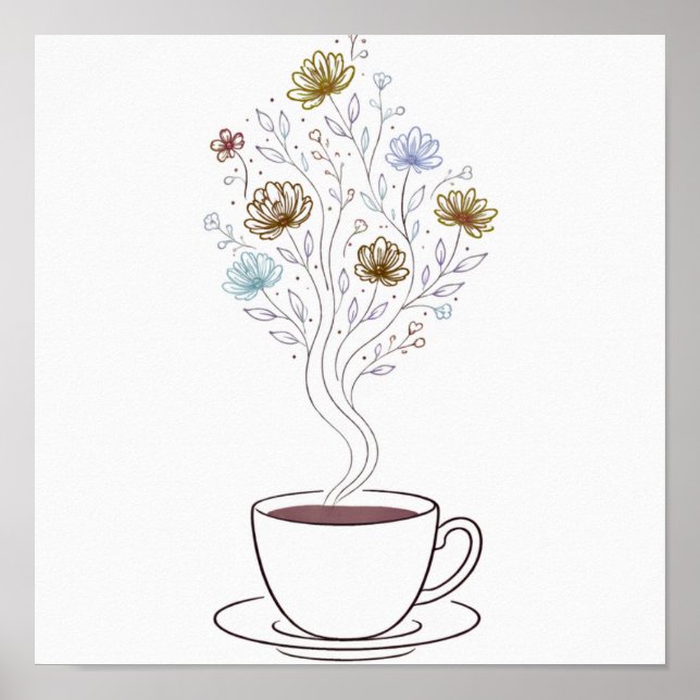 Coffee Cup with Floral Steam Line Art Poster (Front)