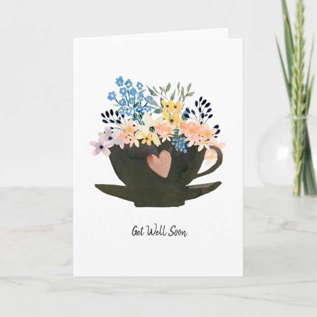 Coffee Cup with Flowers Get Well Card (Front)