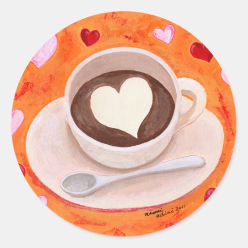 Coffee Cup with Hearts Classic Round Sticker