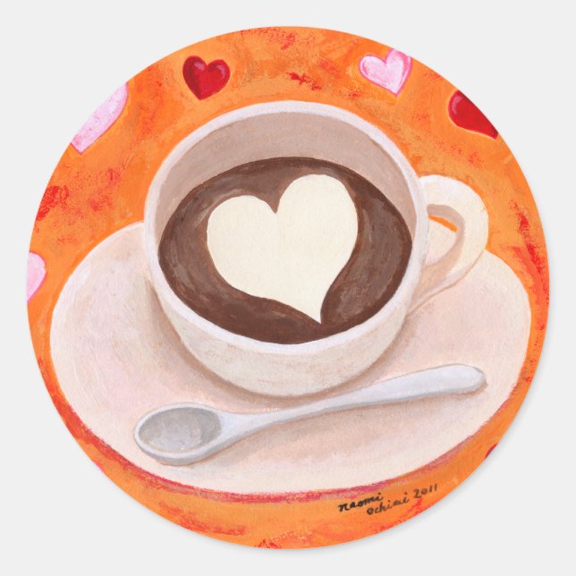 Coffee Cup with Hearts Classic Round Sticker (Front)