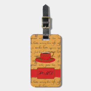 Coffee Cup & Words Gold & Red Monogrammed Luggage Tag
