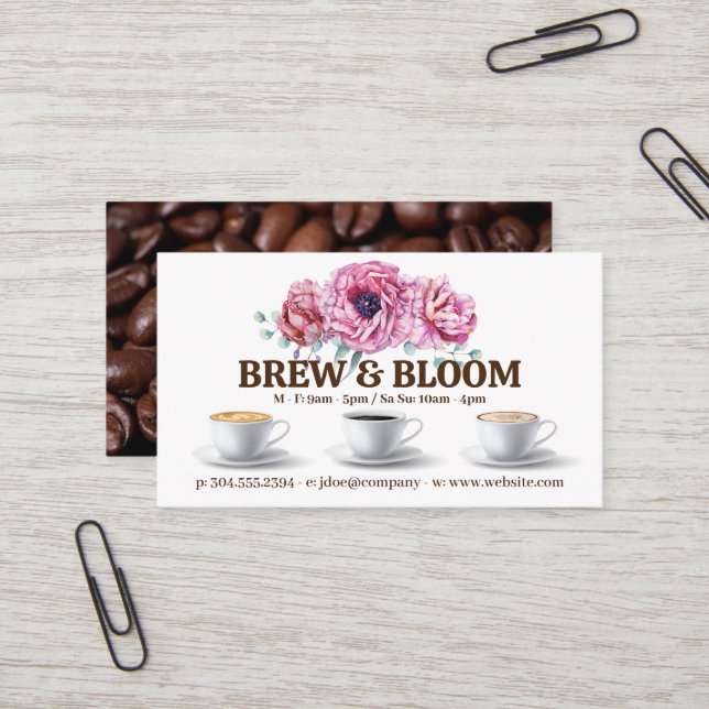 Coffee Cups and Flowers Business Card (Front/Back In Situ)