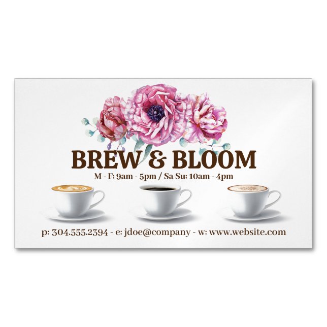 Coffee Cups and Flowers Business Card Magnet (Front)