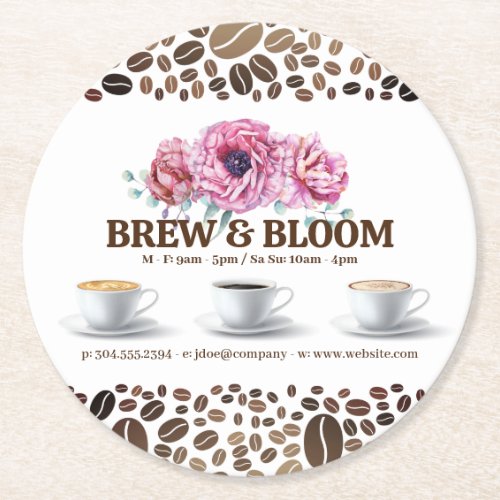 Coffee Cups and Flowers Round Paper Coaster