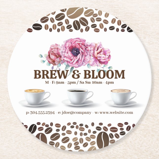 Coffee Cups and Flowers Round Paper Coaster (Front)