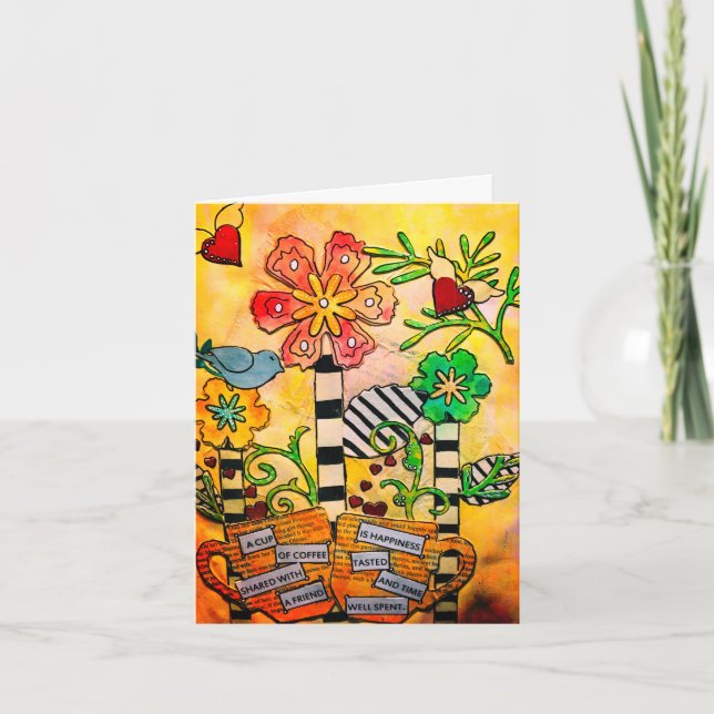 Coffee Cups and Whimsical Flowers Greeting Card (Front)