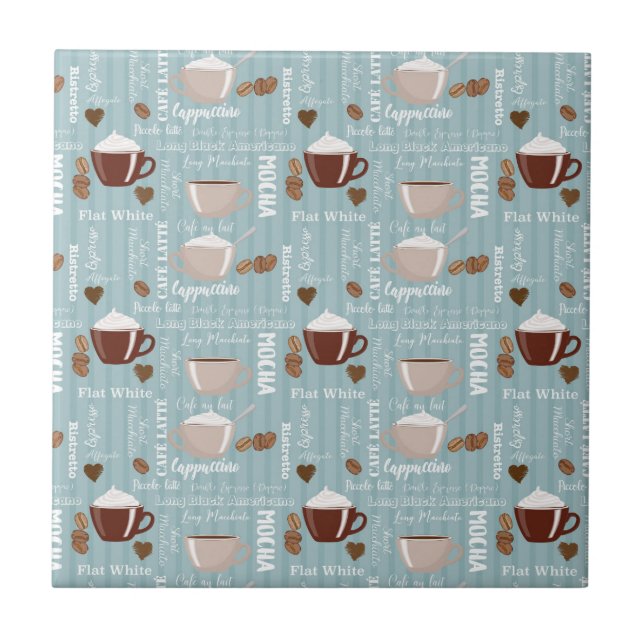 Coffee Cups Blue Vertical Lines Caffeine Grains Ceramic Tile (Front)