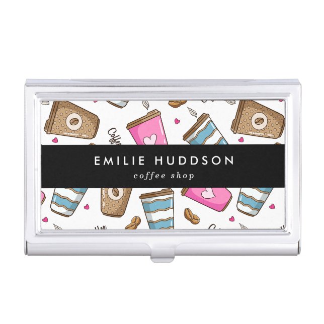 Coffee Cups, Coffee Beans, Barista, Coffee Shop Business Card Case (Front)