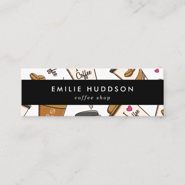 Coffee Cups, Coffee Beans, Barista, Coffee Shop Mini Business Card (Front)