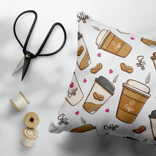 Coffee Cups, Coffee Beans, Coffee Lover, Hearts Accent Pillow (Creator Uploaded)